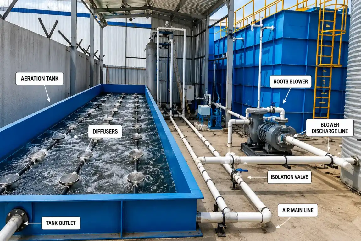 Aeration tank with diffusers and blower line
