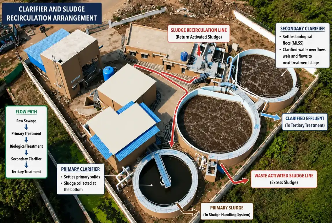 Clarifier and sludge recirculation arrangement