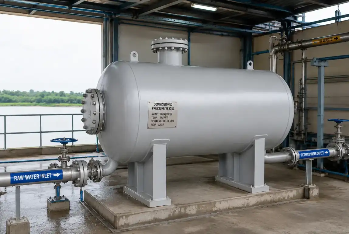 Commissioned pressure vessel connected to plant piping and controls