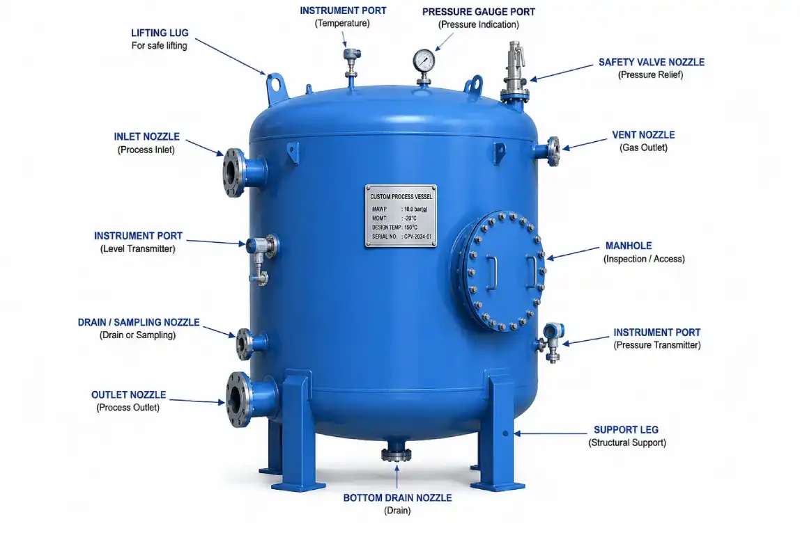 Custom process vessel with manhole nozzles and instrumentation ports