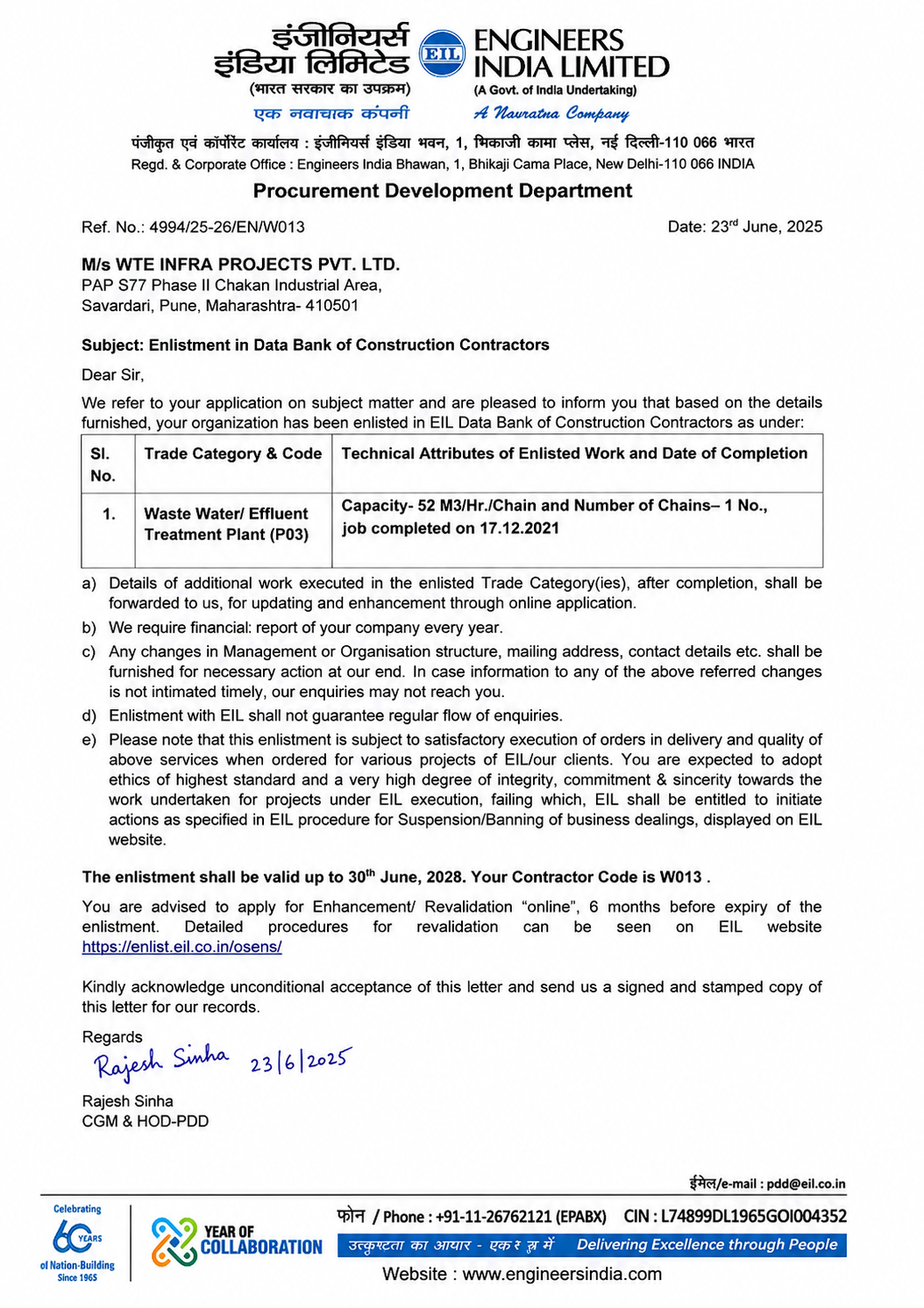 Engineers India Limited (EIL) Certified WTE