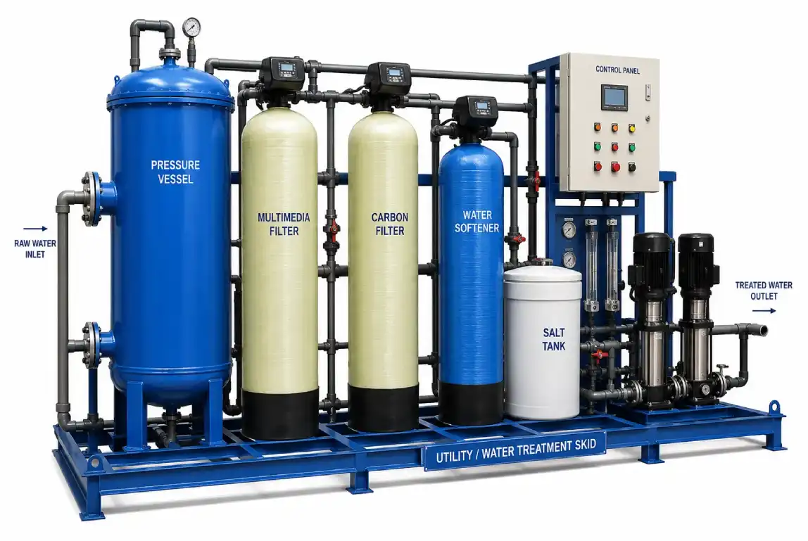 Pressure vessel integrated with filtration softening or utility skid