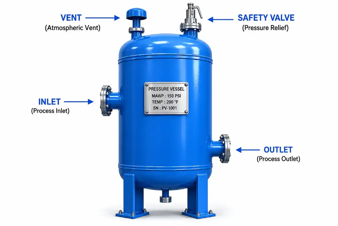 Vertical pressure vessel with inlet outlet vent and safety valve connections